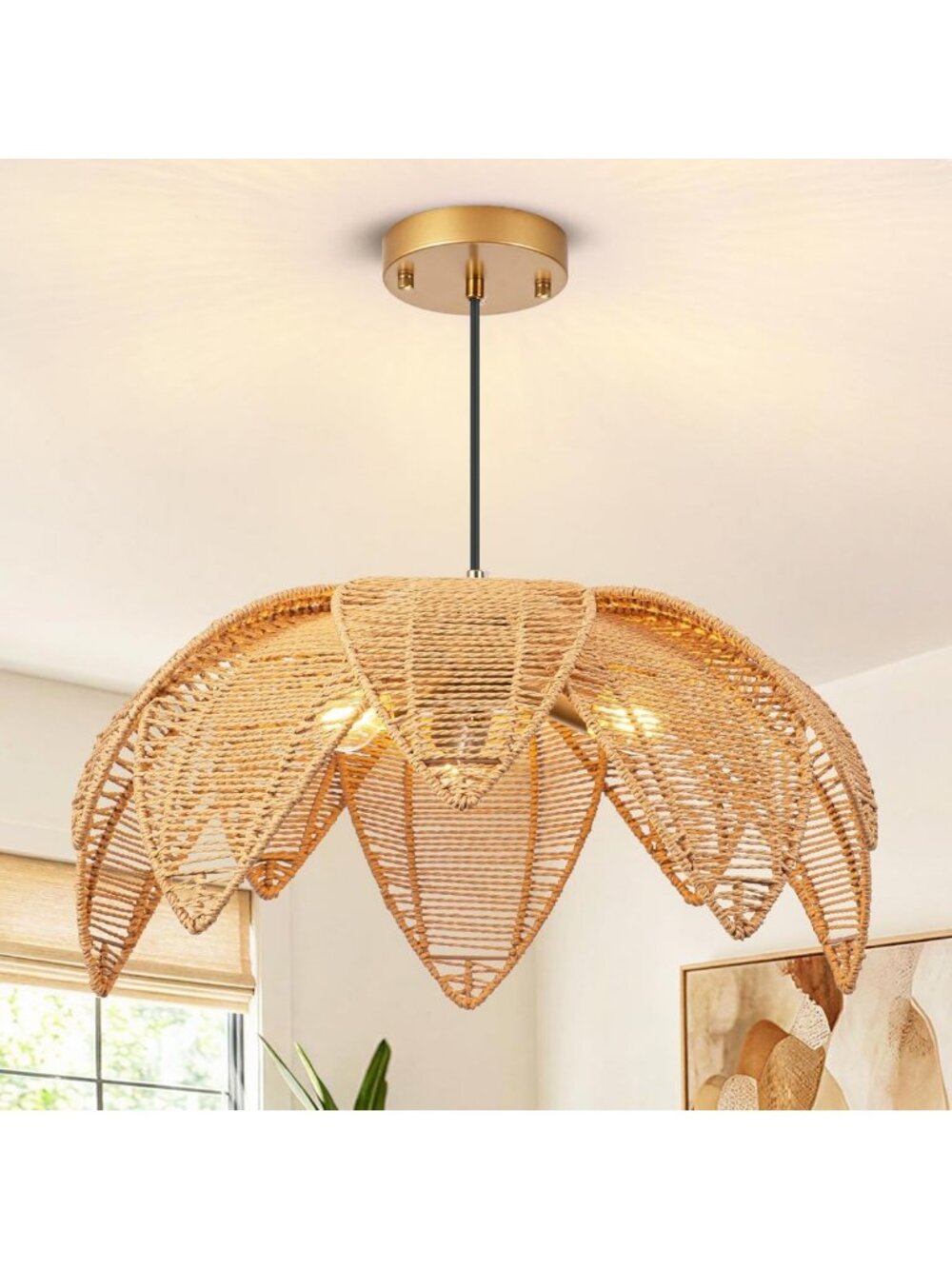 24” Rattan Chandelier - 3-Light Boho Wicker Pendant Light for Dining Room
